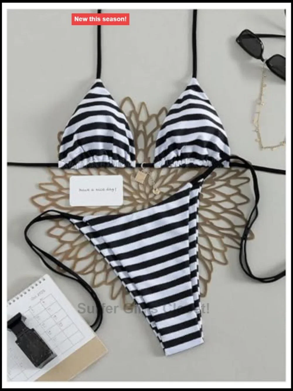 Striped Halter String Triangle Bikini Set Tie Side Bathing Suit